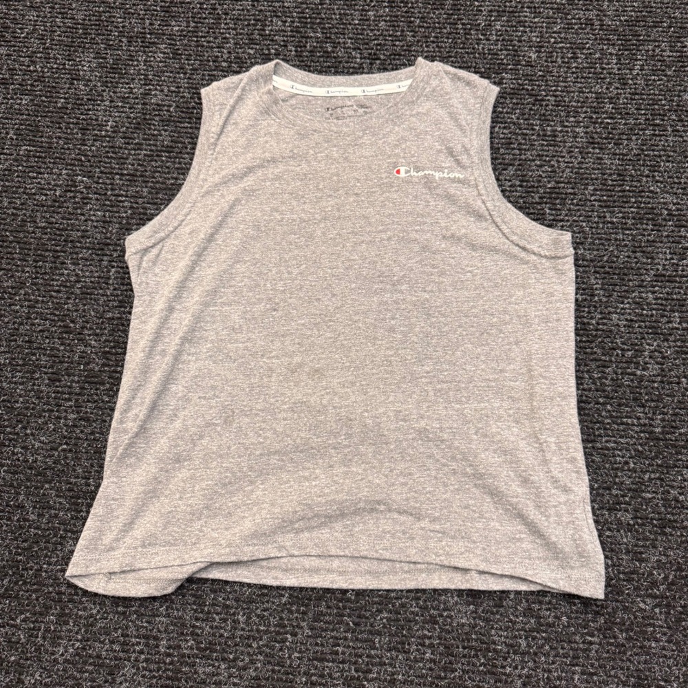 Champion Mens Muscle Tee Sleeveless Shirt Gray Script Logo Size XL